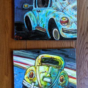 Set of 2 ORIGINAL PAINTINGS 4" x 6" Vintage Volkswagen Beetle Bug Yellow Blue